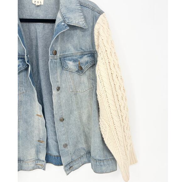 POL Lightwash Denim Cream Crochet Sleeve Jacket Size XL - Picture 5 of 7